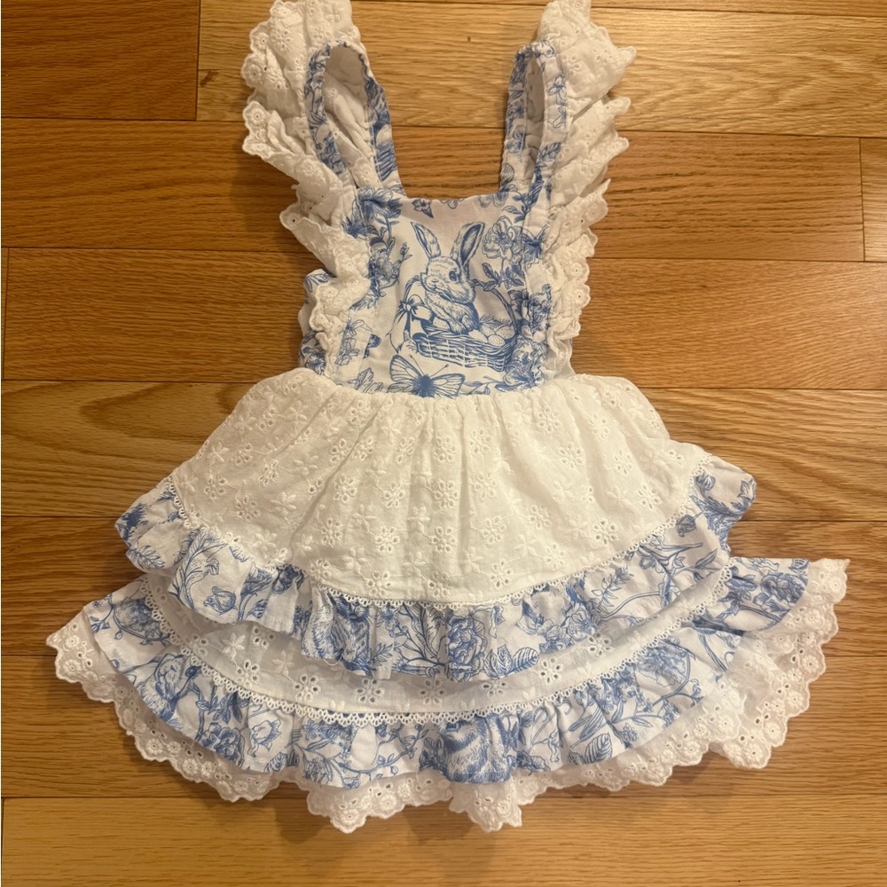Girls Blue & White Ruffle Eyelet Dress